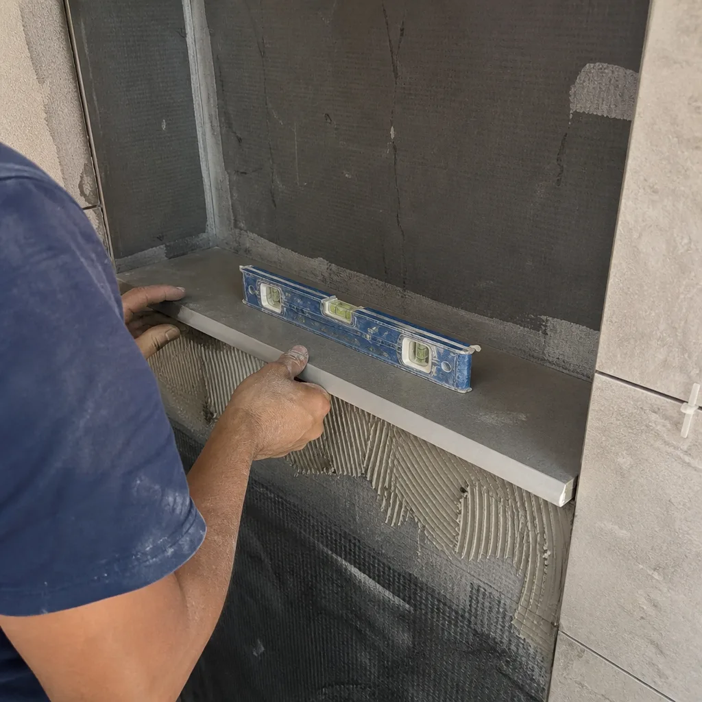 Tiler installing a shower niche with a level during bathroom remodeling