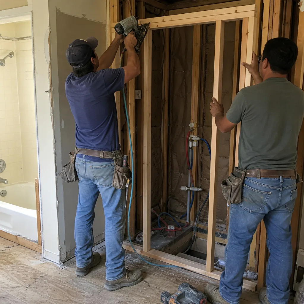 Two construction workers framing a new shower stall in a bathroom.