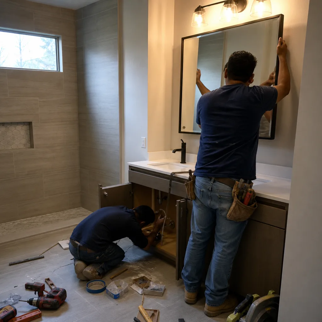 Contractors performing professional bathroom remodeling installation and plumbing work