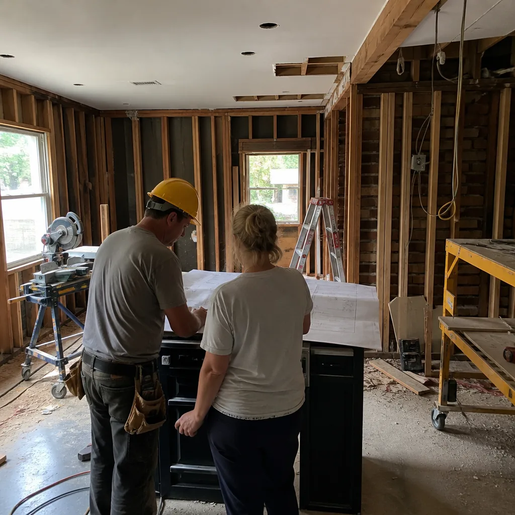 General contractor reviewing renovation blueprints with client in unfinished home