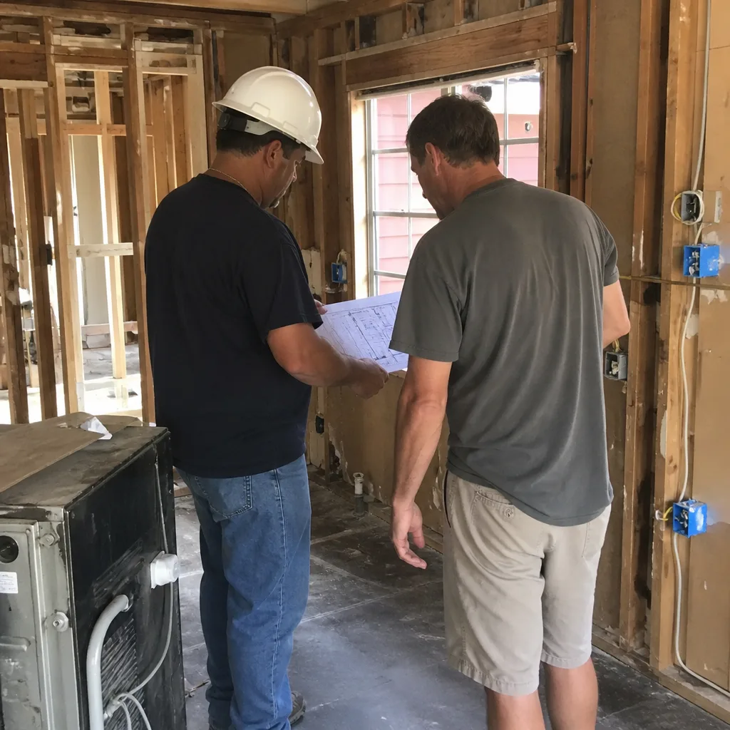 General contractor and client reviewing blueprints at a construction site