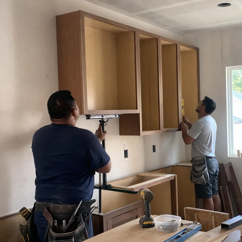 Two professional contractors installing wooden upper kitchen cabinets during a remodeling project