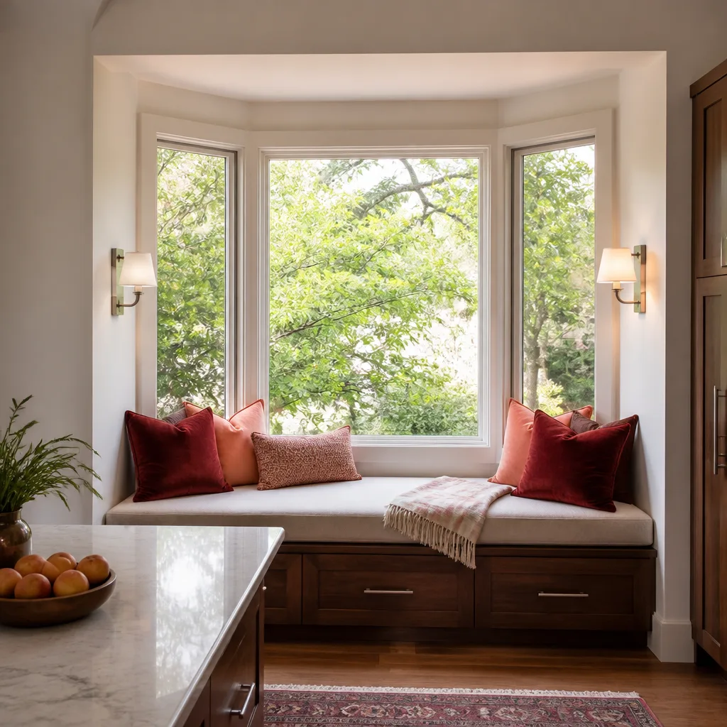 A built-in window seat in a bay window