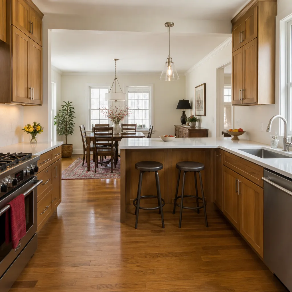 A galley kitchen opened up to the dining room with a new peninsula