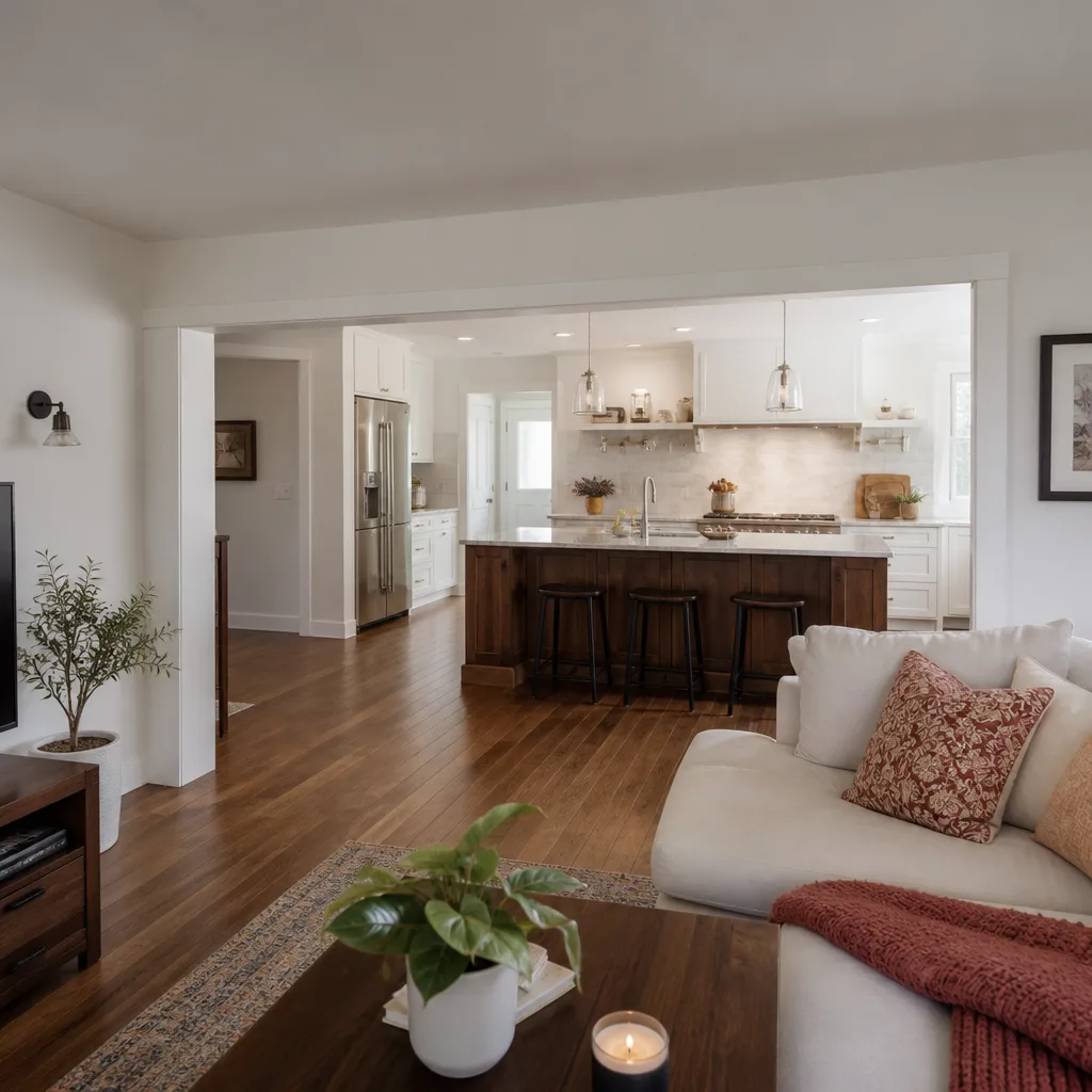 A wide opening with a new beam where the kitchen wall was removed